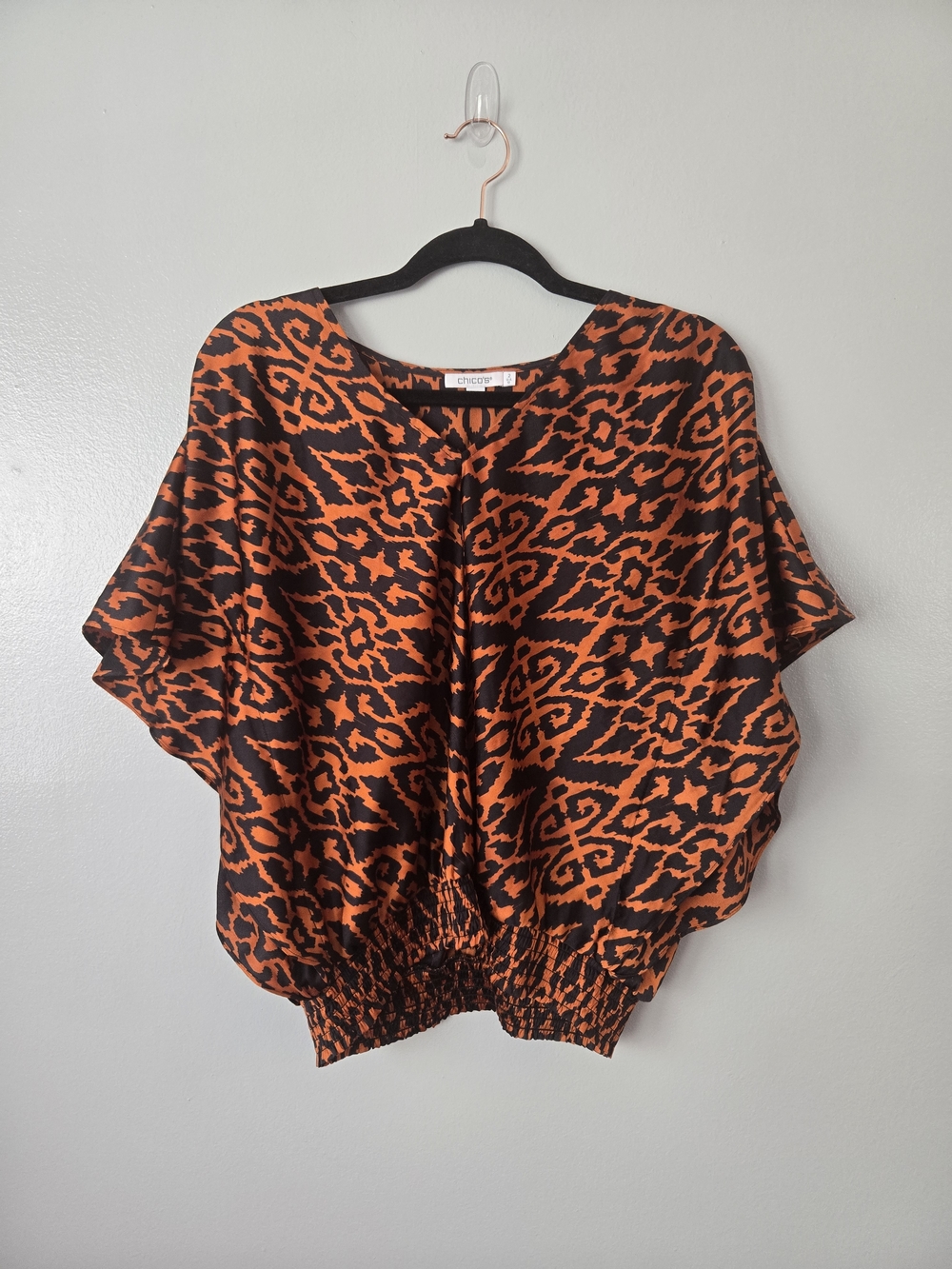 Chico's Orange Black Abstract Animal Print Dolman Top Smocked Waist Size 2